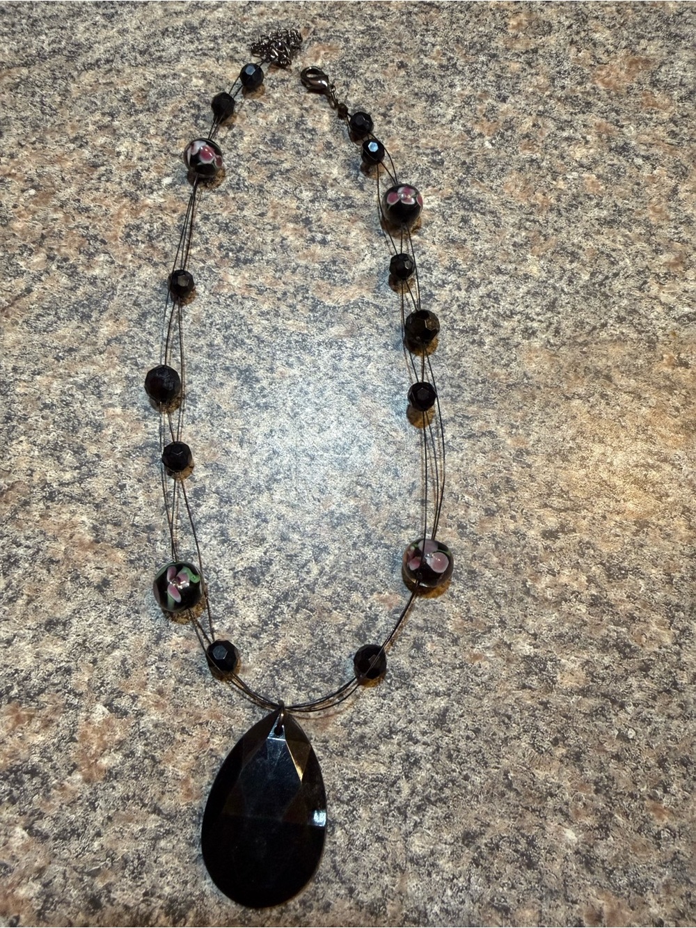 Black Multi-Strand Teardrop Pendant Necklace with Floral Accent Beads